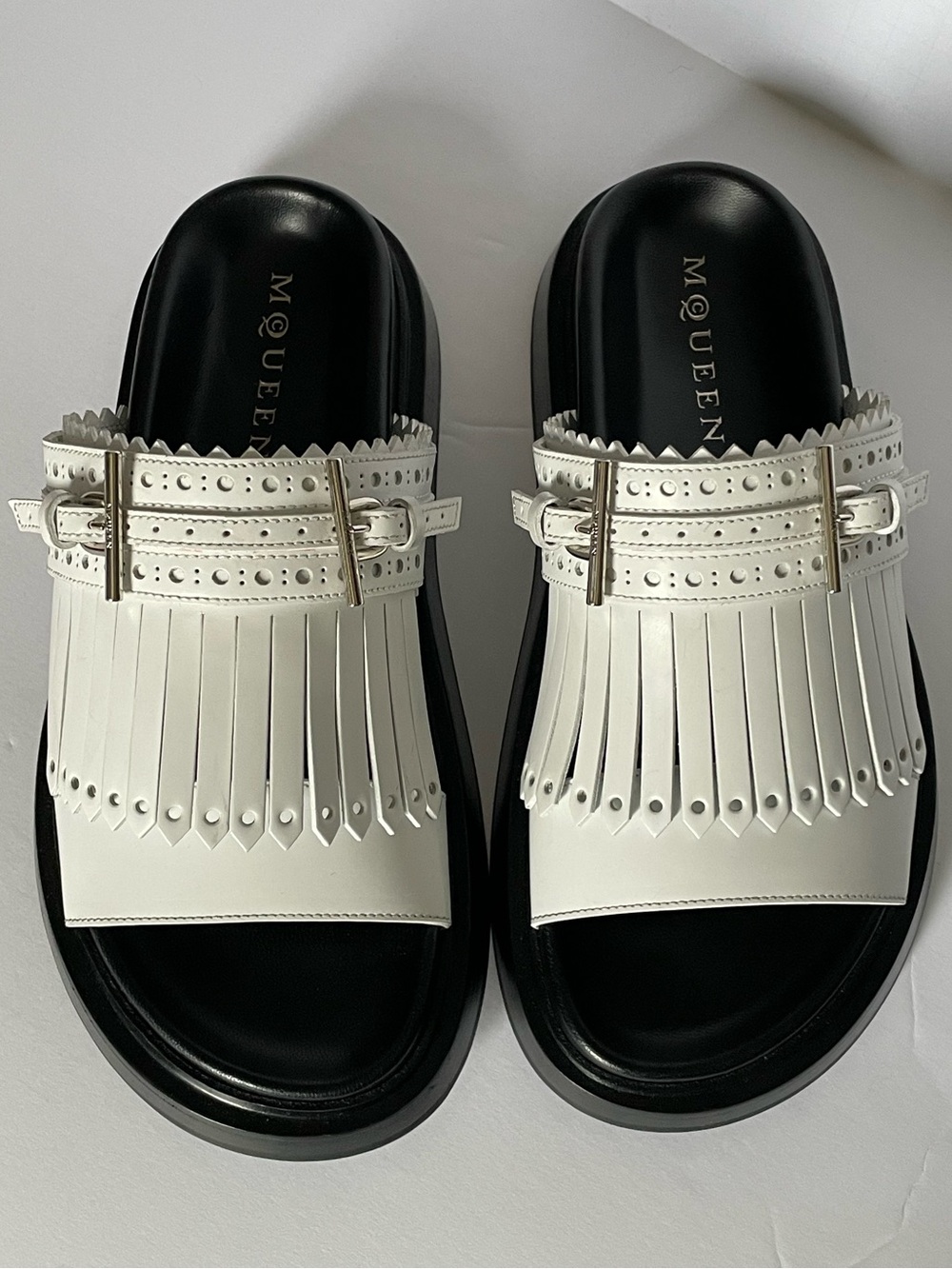Alexander McQueen Kiltie White Fringe Slide Sandal With Silver Buckle Detail